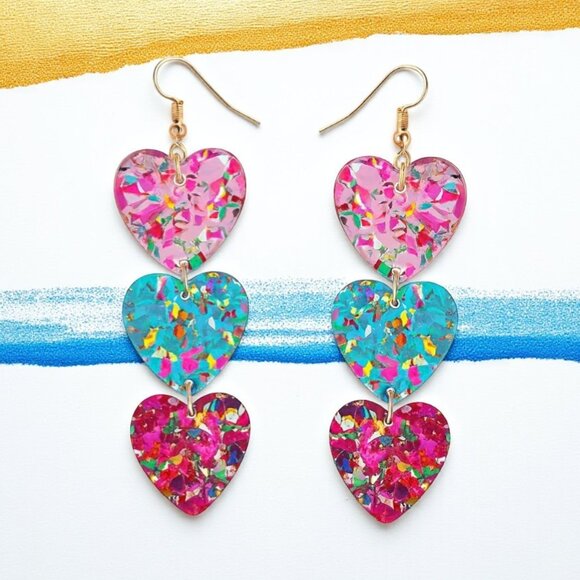🆕 Colorful Triple Heart Dangle Earrings | Sequin Acrylic Statement 🩷💙 - Picture 1 of 10